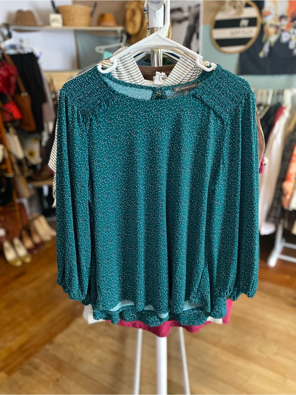 Adrianna Papell Teal Sparkle Long-Sleeve Blouse - Picture 1 of 9